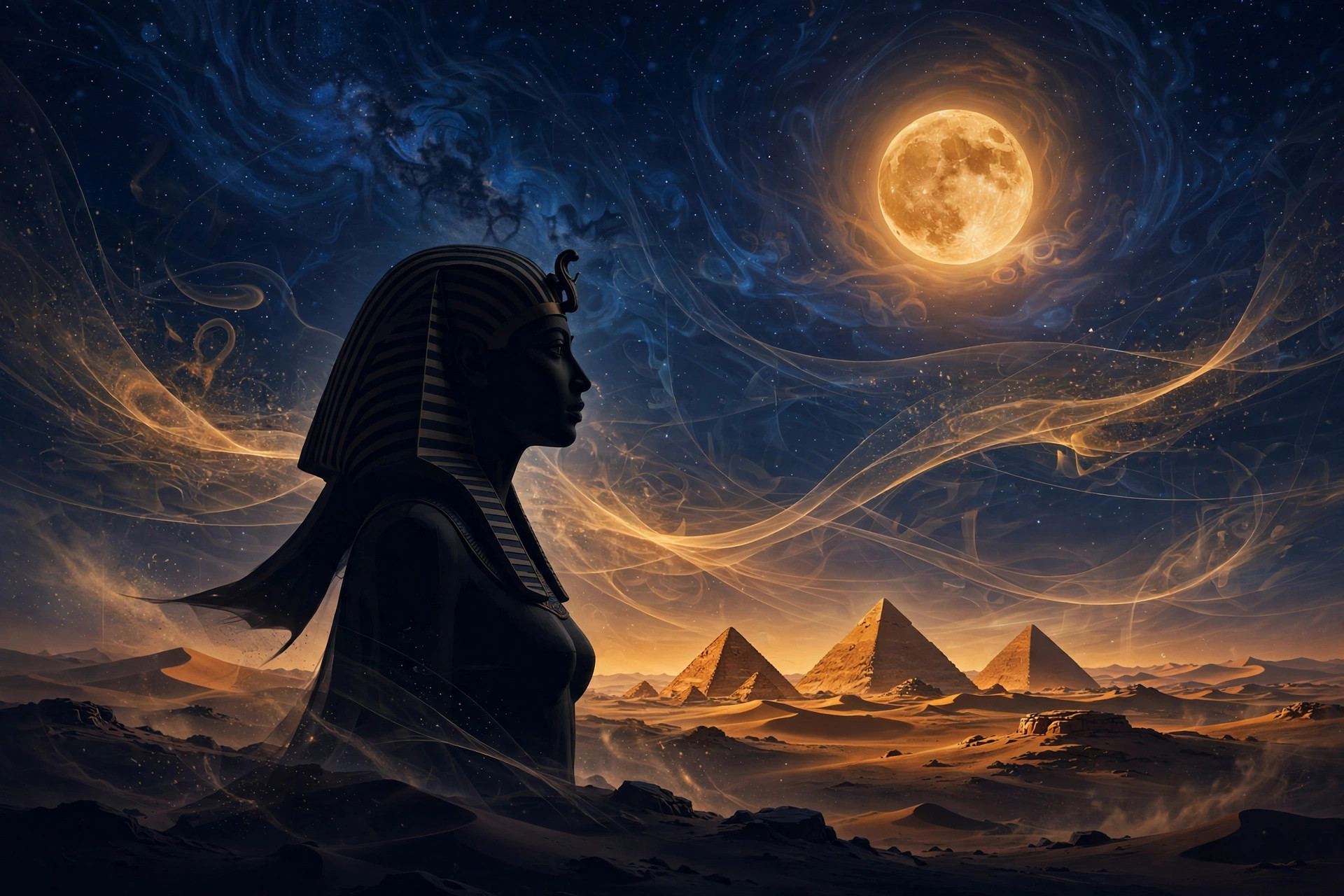 Egyptian queen silhouette with pyramids under a starry sky