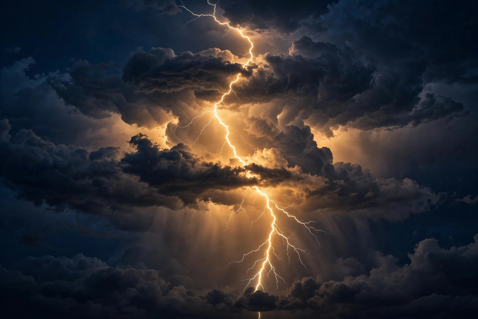 A lightning bolt striking through dark storm clouds