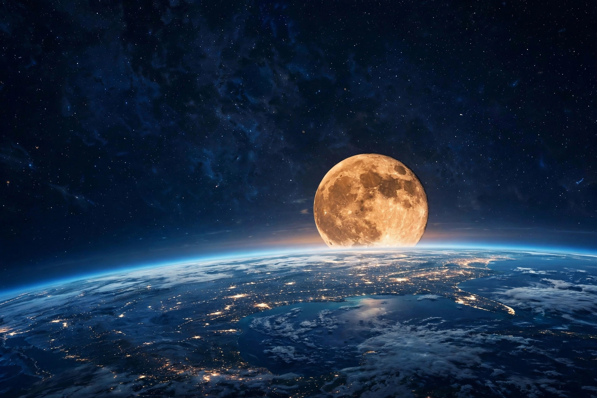 The full Moon rising over Earth's horizon seen from space