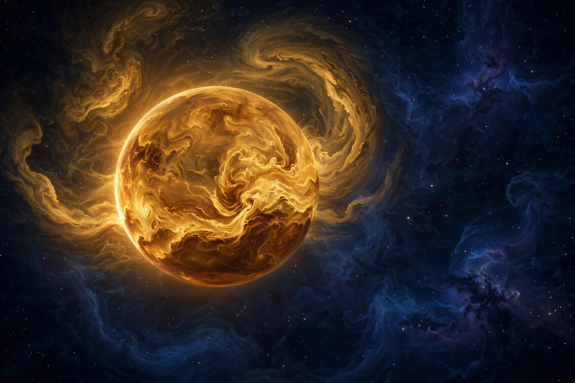 Planet Venus glowing with swirling clouds in deep space