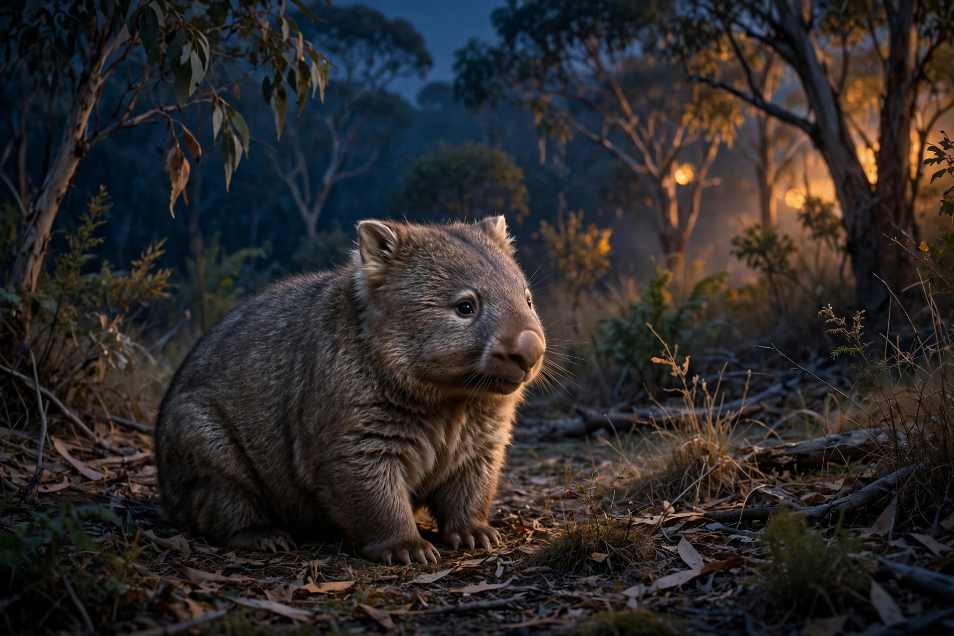 A wombat in the Australian bush at dusk